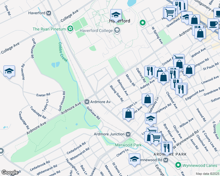 map of restaurants, bars, coffee shops, grocery stores, and more near 2948 Rising Sun Road in Ardmore