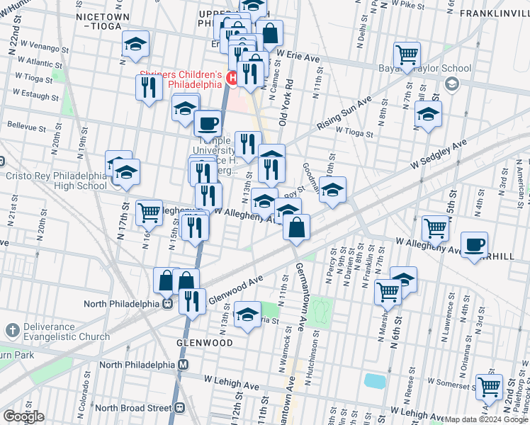 map of restaurants, bars, coffee shops, grocery stores, and more near 1215 West Allegheny Avenue in Philadelphia
