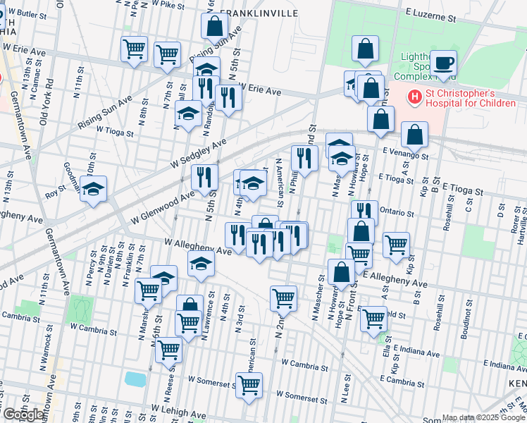 map of restaurants, bars, coffee shops, grocery stores, and more near 275 West Cornwall Street in Philadelphia