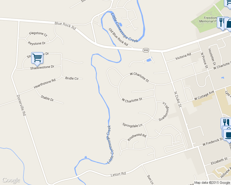 map of restaurants, bars, coffee shops, grocery stores, and more near 387 West Charlotte Street in Millersville