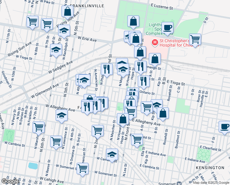 map of restaurants, bars, coffee shops, grocery stores, and more near 3346 Mutter Street in Philadelphia