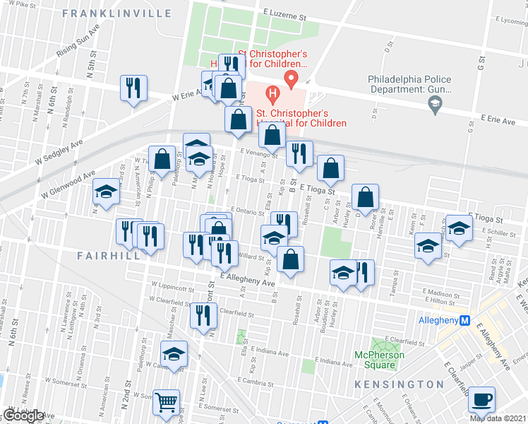 map of restaurants, bars, coffee shops, grocery stores, and more near 215 Ontario Street in Philadelphia