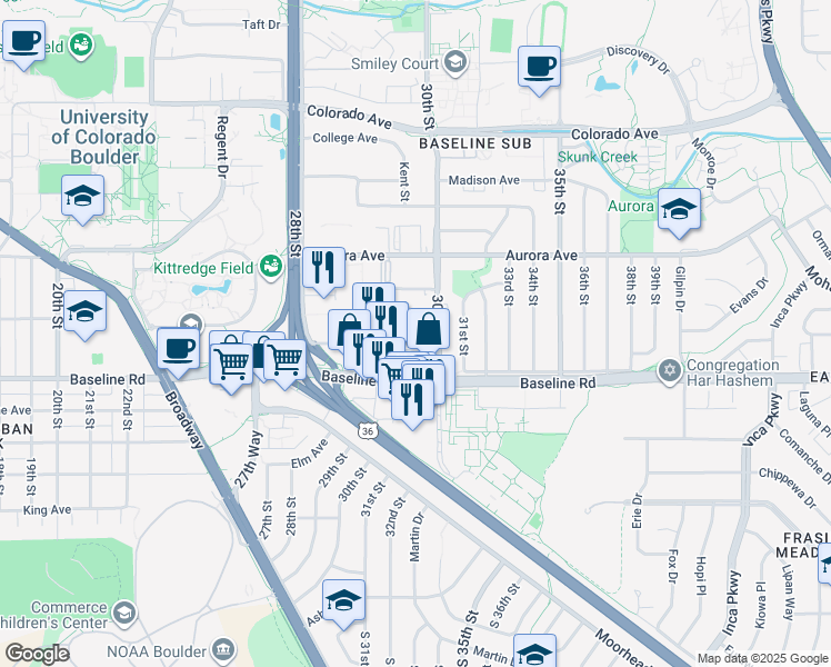 map of restaurants, bars, coffee shops, grocery stores, and more near 2915 Baseline Road in Boulder