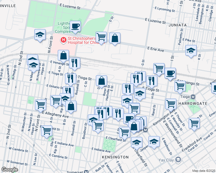 map of restaurants, bars, coffee shops, grocery stores, and more near 3446 Hartville Street in Philadelphia