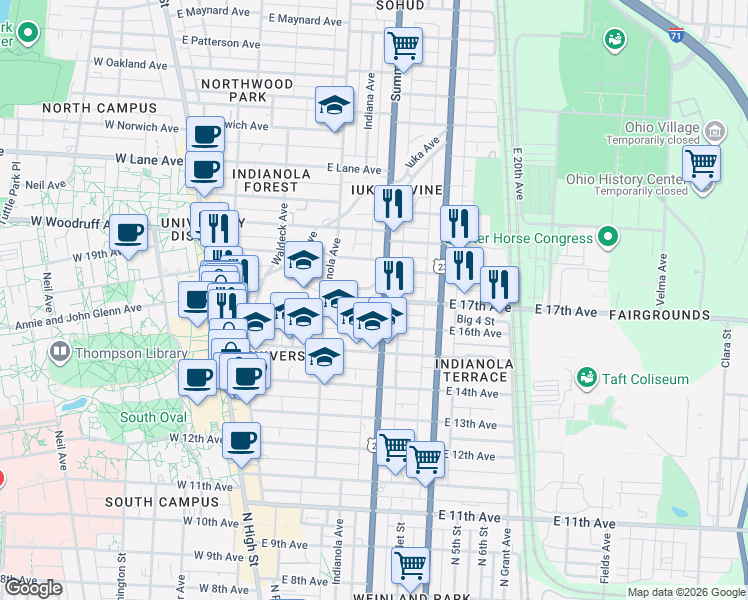 map of restaurants, bars, coffee shops, grocery stores, and more near 1895 Summit Street in Columbus
