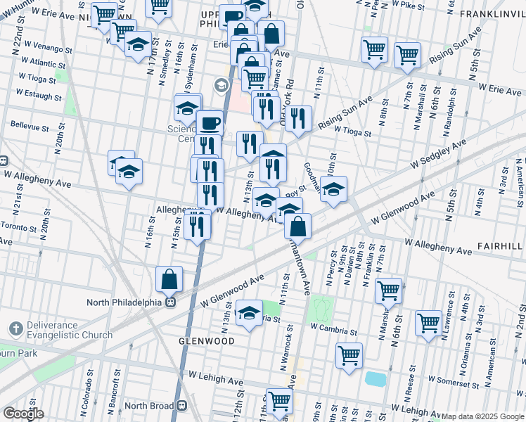 map of restaurants, bars, coffee shops, grocery stores, and more near 1221 West Allegheny Avenue in Philadelphia