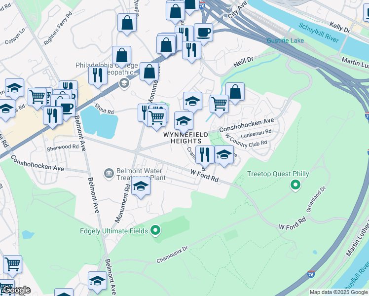 map of restaurants, bars, coffee shops, grocery stores, and more near 2756 Cranston Road in Philadelphia