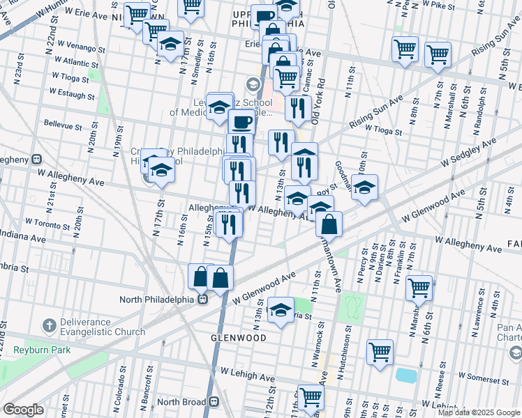 map of restaurants, bars, coffee shops, grocery stores, and more near 3200 North Park Avenue in Philadelphia