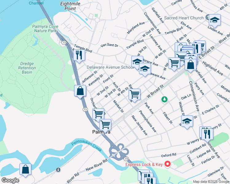 map of restaurants, bars, coffee shops, grocery stores, and more near 376 Arch Street in Palmyra