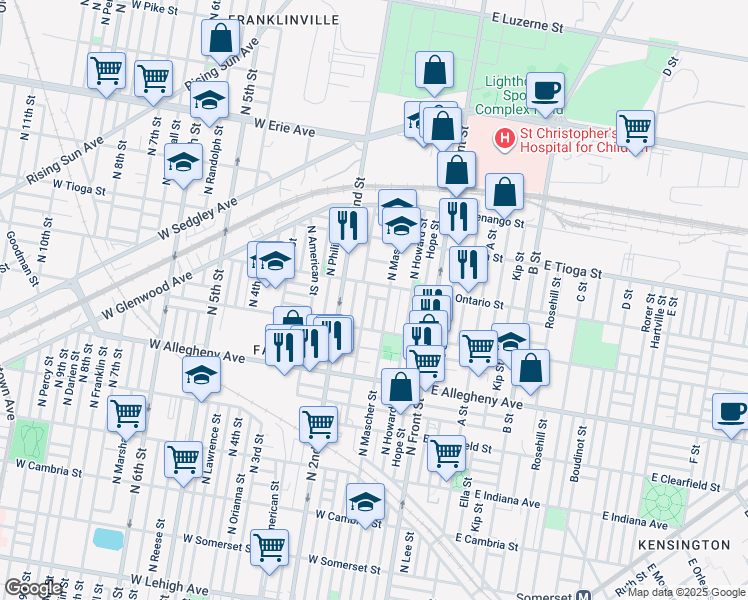 map of restaurants, bars, coffee shops, grocery stores, and more near 3346 Mutter Street in Philadelphia