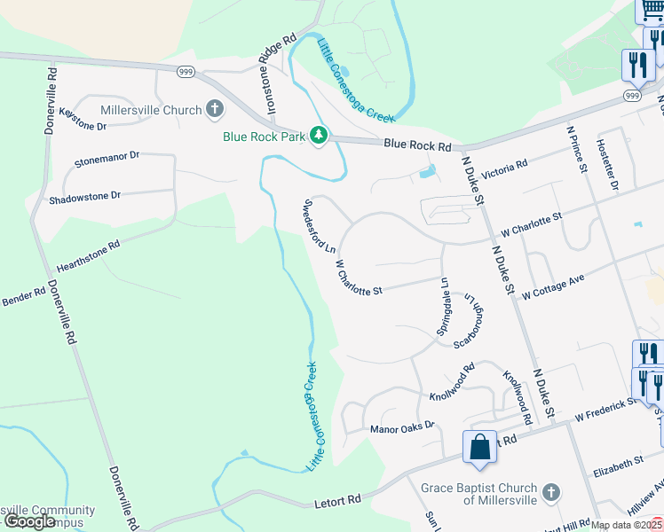 map of restaurants, bars, coffee shops, grocery stores, and more near 387 West Charlotte Street in Millersville