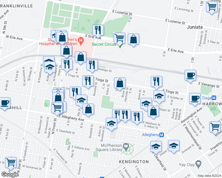 map of restaurants, bars, coffee shops, grocery stores, and more near 3432 Hurley Street in Philadelphia