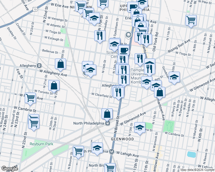 map of restaurants, bars, coffee shops, grocery stores, and more near 1508 West Allegheny Avenue in Philadelphia