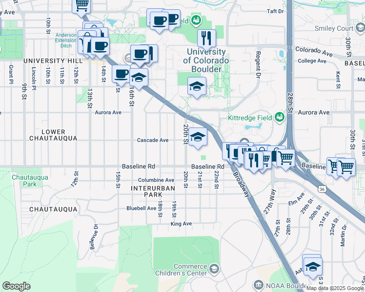 map of restaurants, bars, coffee shops, grocery stores, and more near 785 20th Street in Boulder