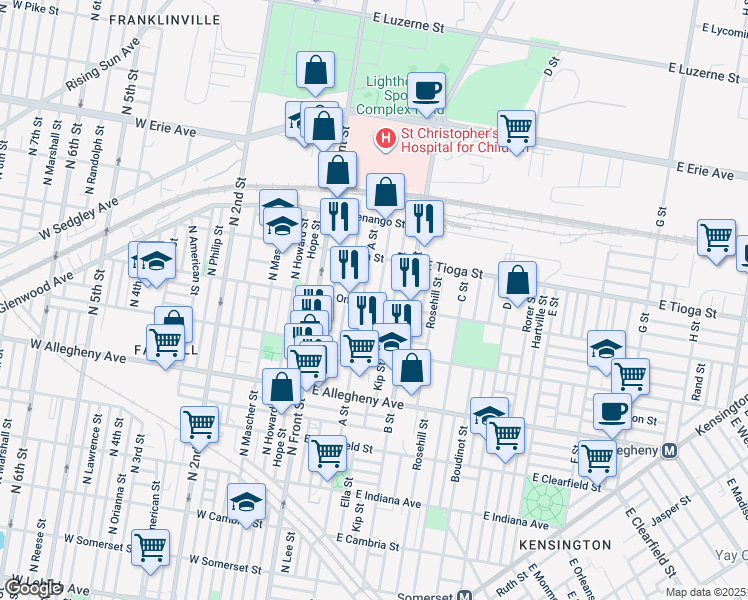 map of restaurants, bars, coffee shops, grocery stores, and more near 213 East Ontario Street in Philadelphia