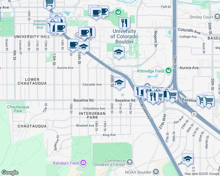 map of restaurants, bars, coffee shops, grocery stores, and more near 785 20th Street in Boulder