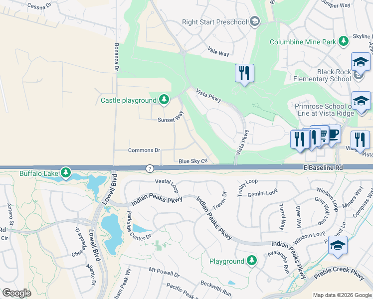 map of restaurants, bars, coffee shops, grocery stores, and more near 1495 Blue Sky Way in Erie