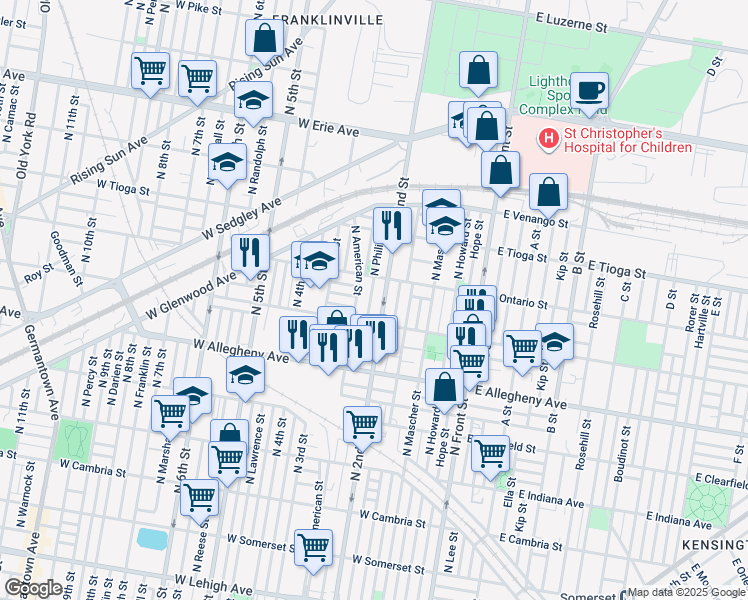 map of restaurants, bars, coffee shops, grocery stores, and more near 3337 North Philip Street in Philadelphia