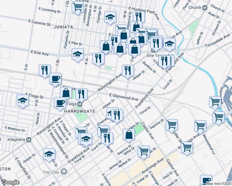 map of restaurants, bars, coffee shops, grocery stores, and more near 3675 Kensington Avenue in Philadelphia
