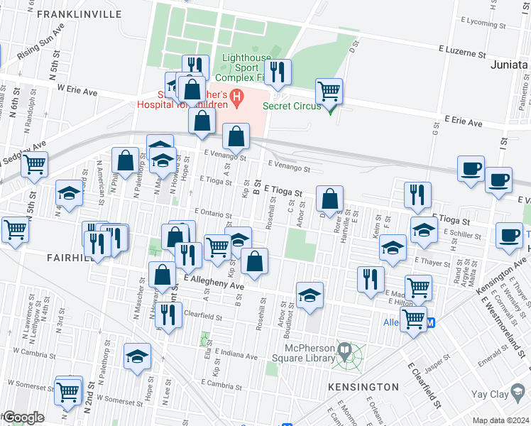 map of restaurants, bars, coffee shops, grocery stores, and more near 3419 Ormes Street in Philadelphia