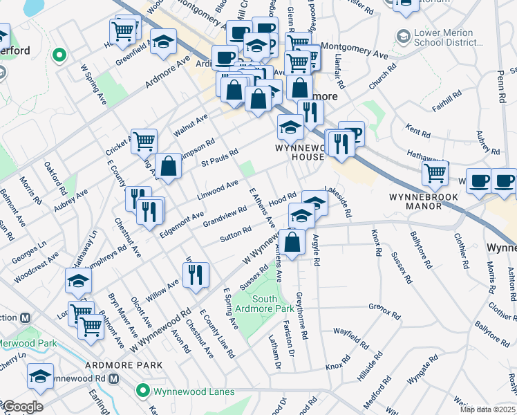 map of restaurants, bars, coffee shops, grocery stores, and more near 101 Grandview Road in Ardmore