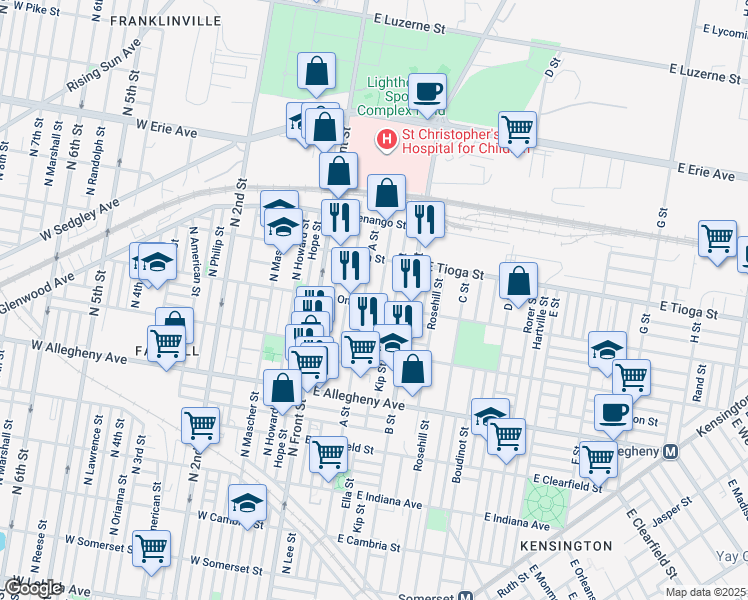 map of restaurants, bars, coffee shops, grocery stores, and more near 213 East Ontario Street in Philadelphia