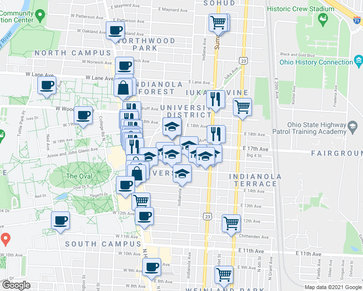 map of restaurants, bars, coffee shops, grocery stores, and more near Indianola Ave & E 17th Ave in Columbus