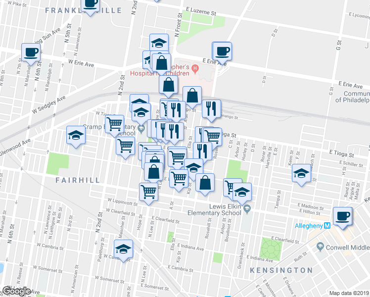 map of restaurants, bars, coffee shops, grocery stores, and more near 209 East Ontario Street in Philadelphia
