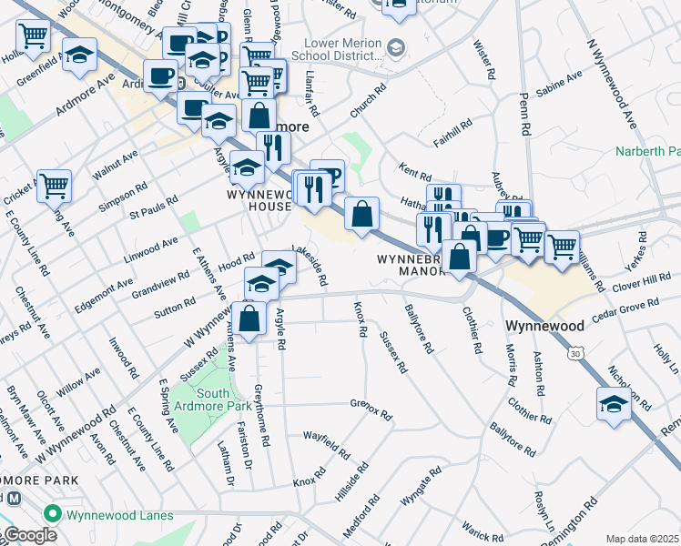 map of restaurants, bars, coffee shops, grocery stores, and more near 300 Lancaster Avenue in Wynnewood