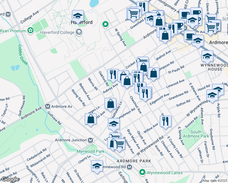 map of restaurants, bars, coffee shops, grocery stores, and more near 2807 Oakford Road in Ardmore