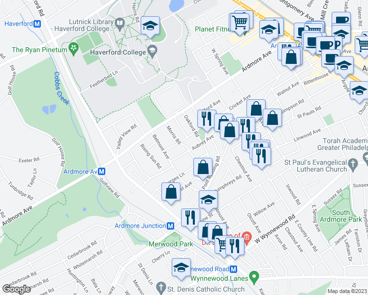 map of restaurants, bars, coffee shops, grocery stores, and more near 2921 Morris Road in Ardmore