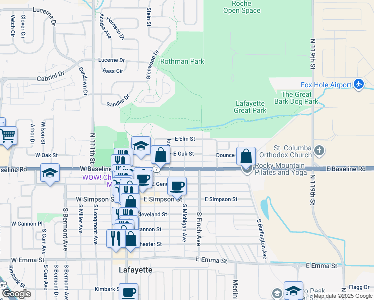 map of restaurants, bars, coffee shops, grocery stores, and more near 420 East Elm Street in Lafayette