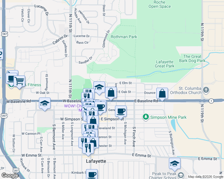 map of restaurants, bars, coffee shops, grocery stores, and more near 320 East Elm Street in Lafayette