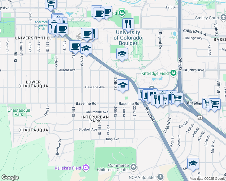 map of restaurants, bars, coffee shops, grocery stores, and more near in Boulder