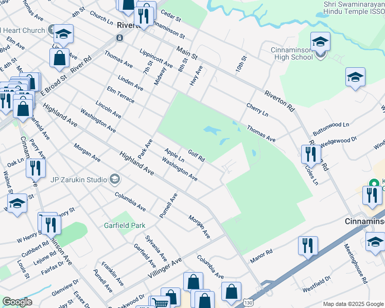 map of restaurants, bars, coffee shops, grocery stores, and more near 606 Overlook Street in Cinnaminson
