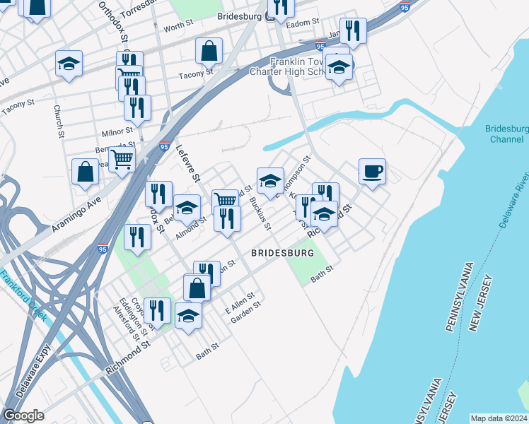 map of restaurants, bars, coffee shops, grocery stores, and more near 4612 East Thompson Street in Philadelphia