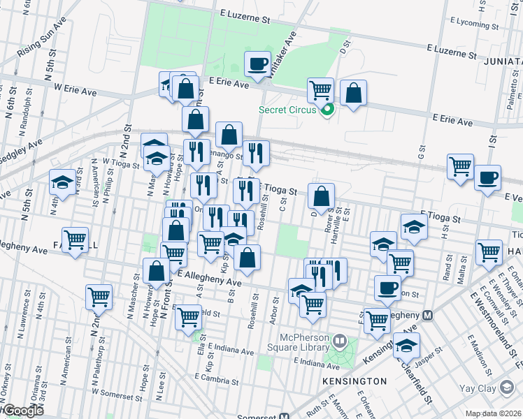 map of restaurants, bars, coffee shops, grocery stores, and more near 332-52 East Tioga Street in Philadelphia
