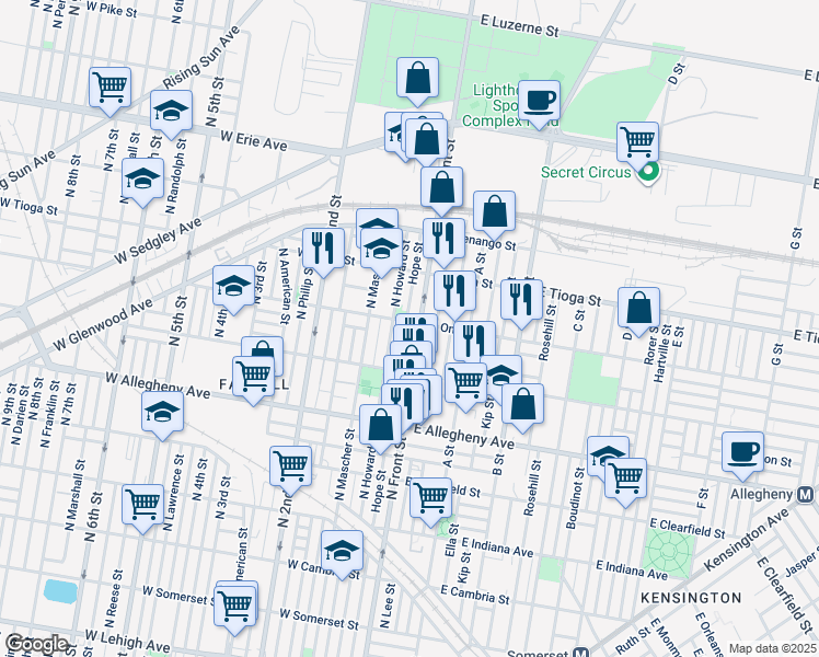 map of restaurants, bars, coffee shops, grocery stores, and more near 3411 Hope Street in Philadelphia