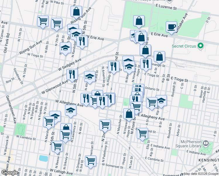 map of restaurants, bars, coffee shops, grocery stores, and more near 3356 North Philip Street in Philadelphia