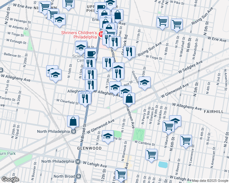 map of restaurants, bars, coffee shops, grocery stores, and more near 1239 West Hilton Street in Philadelphia