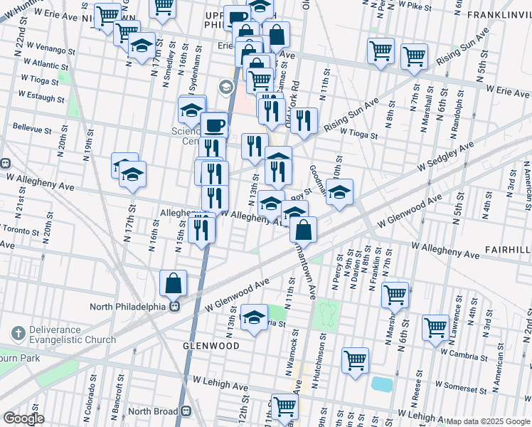 map of restaurants, bars, coffee shops, grocery stores, and more near 1239 West Hilton Street in Philadelphia
