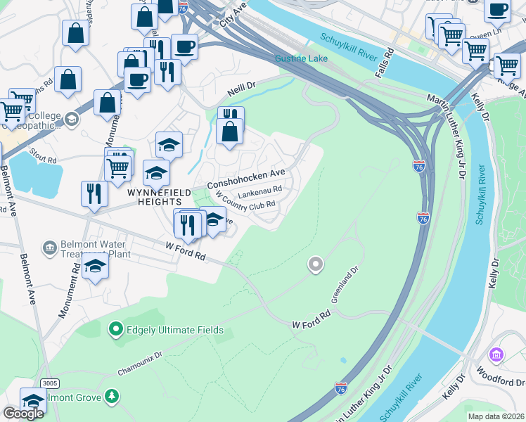map of restaurants, bars, coffee shops, grocery stores, and more near 3751 West Country Club Road in Philadelphia