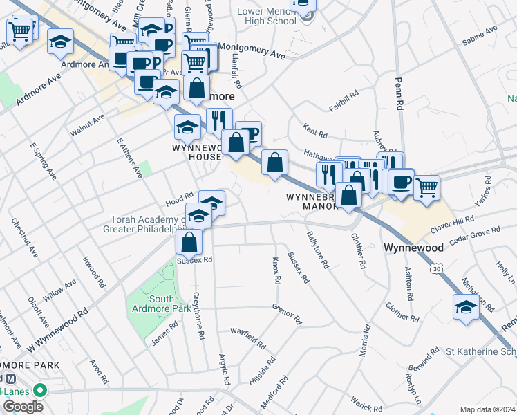 map of restaurants, bars, coffee shops, grocery stores, and more near 1219 West Wynnewood Road in Wynnewood