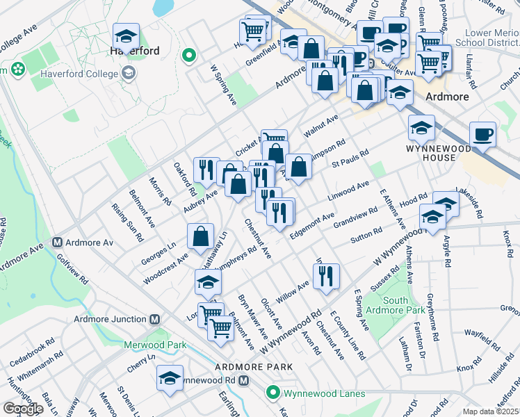 map of restaurants, bars, coffee shops, grocery stores, and more near 2738 East County Line Road in Ardmore