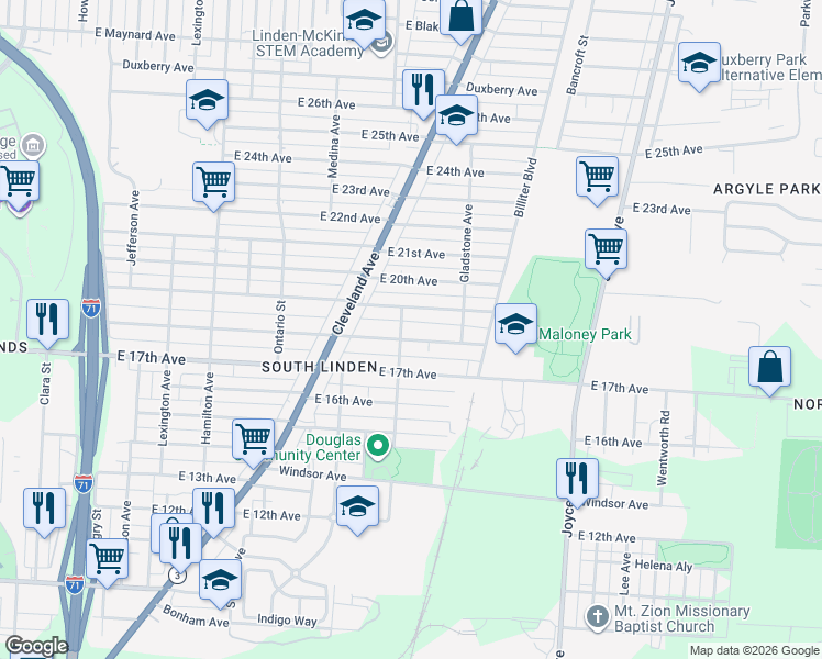 map of restaurants, bars, coffee shops, grocery stores, and more near 1315 East 19th Avenue in Columbus