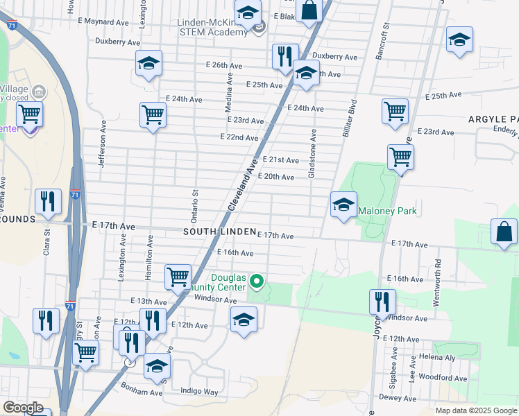 map of restaurants, bars, coffee shops, grocery stores, and more near 1315 East 19th Avenue in Columbus