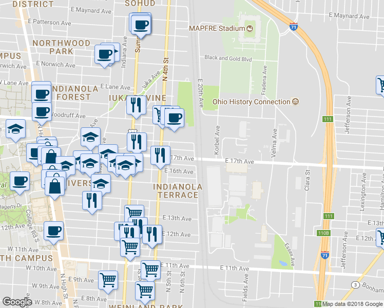 map of restaurants, bars, coffee shops, grocery stores, and more near 439 East 18th Avenue in Columbus