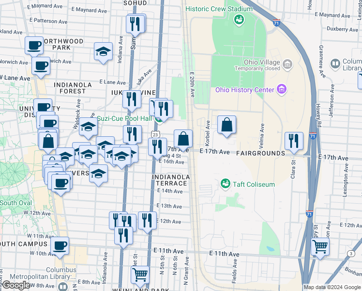 map of restaurants, bars, coffee shops, grocery stores, and more near 439 East 18th Avenue in Columbus