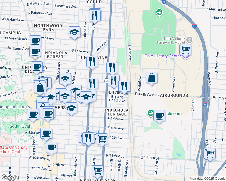 map of restaurants, bars, coffee shops, grocery stores, and more near in Columbus