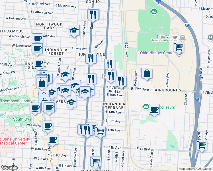 map of restaurants, bars, coffee shops, grocery stores, and more near in Columbus
